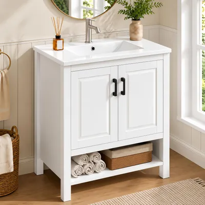 Produktbild von Waschtisch mit Unterschrank,Badmöbel Set mit Keramik Waschbecken,Stauraum,Offenen Ablagefächern und Türen,Soft-Close,Feuchtigkeitsbeständige,MDF,Weiß