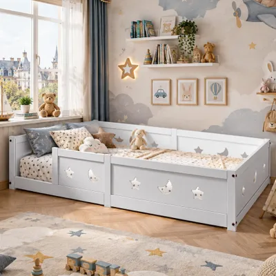 Produktbild von INONEFT Kinderbett Bodenbett 90x200 cm, Einzelbett mit Rausfallschutz und Lattenrost, Massivholzbett, ohne Matratze, Weiß