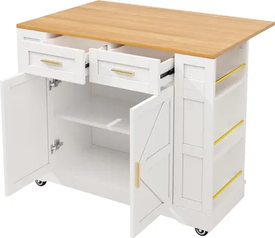 Produktbild von okwish Moderner Speisewagen Kücheninsel mit Holzmaserung und mit ausziehbaren Funktionsschränken,Multifunktionaler Küchenschrank mit Rädern,weiß