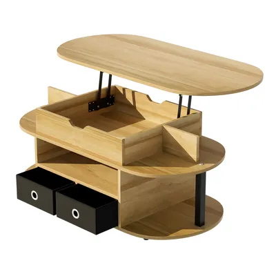 Image de okwish Table basse et buffet d’appoint avec vitrine et tiroirs, espace de rangement multifonction avec plateau relevable – noir et bois