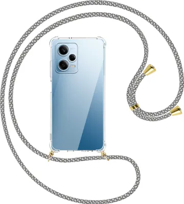 Produktbild von Handykette Backcover-Schutzhülle mit Band (Metall goldfarben) für Xiaomi Redmi Note 12 Pro (6.67'') - weiß/grau kariert