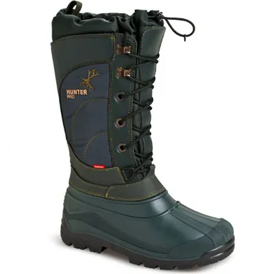 A single green winter boot is shown against a white background.