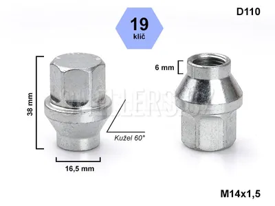 Obrázek produktu pro Kolová matice M14x1,5 kužel s krčkem 16,5 mm zavřená, klíč 19, D110F, výška 34 mm, délka krčku 6 mm