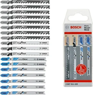 Zdjęcie produktu dla Bosch 2607011439, Ostrze wyrzynarki, Metal, Drewno, Stal nierdzewna, 18 szt., Blister