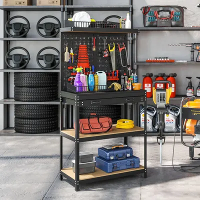 Image de Établi de rangement pour outils - Armoire - Panneau perforé - Tiroir - Étagères - Rangement pour garage - Atelier
