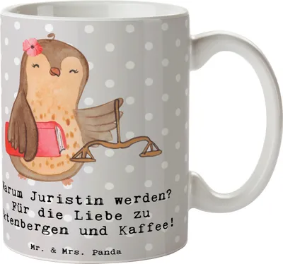 Produktbild von Mr. & Mrs. Panda Kaffeetasse Juristin Liebe - Grau Pastell - Geschenk, Geschenke mit Herz, Becher, Berufsliebe, Rechtswissenschaften, personalisierte, Beruf, Humor, Tasse