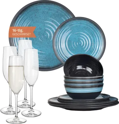 Image de Vaisselle de camping en mélamine Set 4 personnes Stone Blue + 4 verres Tiamo Champgner Flûtes Vaisselle de pique-nique BBQ Batterie de cuisine