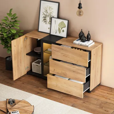 Image de MODFU Buffet Moderne avec LED - Meuble de Rangement en MDF et Verre Trempé, 3 Tiroirs, Noir et Marron, 140×40×80 cm