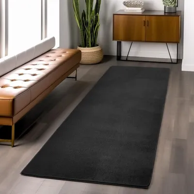 Produktbild von TapisTrend Designerteppich Schwarz 80x250 cm Schwarzer Indoor-Teppich für Wohnzimmer und Schlafzimmer, strapazierfähig und langlebig, modernes Design