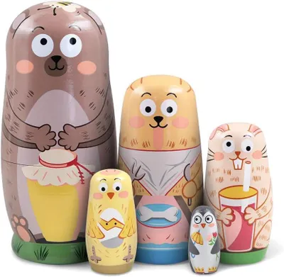 Productafbeelding van Houten Russische Matriochka-poppen met beer - Set van 5 - Hond - Konijn - Kip en pinguïn - Decoratie voor verjaardagen
