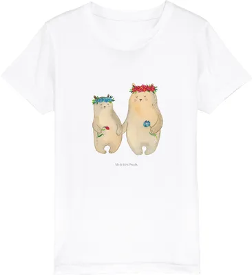Produktbild von Mr. & Mrs. Panda Kleinkinder T-Shirt Bären mit Blumenkranz 3-4 Jahre (98/104) - Weiß - Geschenk, Vorbild, Öko Kinder, Mama, Muttertag, Kurzarm, Teenager, Kindershirt