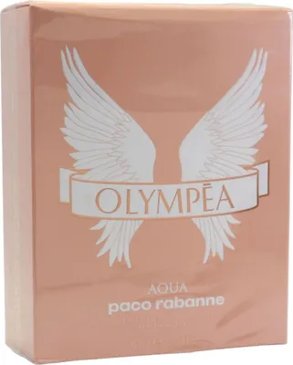Verpackung des Paco Rabanne Olympea Aqua Parfums in Roségold mit weißen Engelsflügeln und glänzender Schrift.