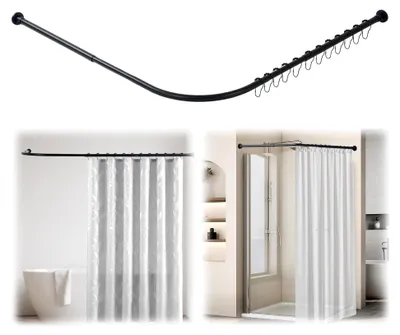Produktbild von L-förmige Duschvorhangstange, verstellbare Eck-Duschvorhangschiene mit 12 Haken, dehnbare Eckduschstange aus 304 Edelstahl (Bohrmontage erforderlich) (68-98 cm x 68-98 cm Schwarz)