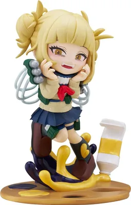A figurine of the anime character Himiko Toga from My Hero Academia, depicted in a playful, artistic pose with paint splatters and a tube of yellow paint.