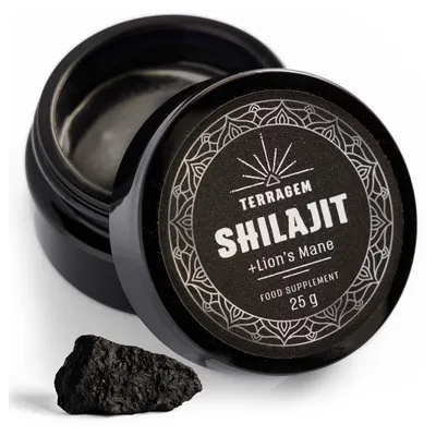 Produktbild von Shilajit mit Lion’s Mane – 100% Reines Mumijo Naturharz – Aus dem Altai – Organisch & Mineralstoffreich – 25g Premium Supplement