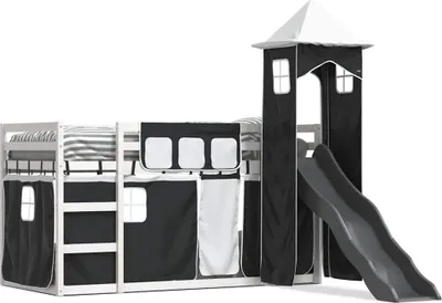 Obrázek produktu pro vidaXL Patrová postel se skluzavkou a závěsy bílá a černá 90x200 cm