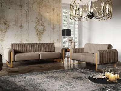 A living room scene featuring a sofa set and a loveseat.