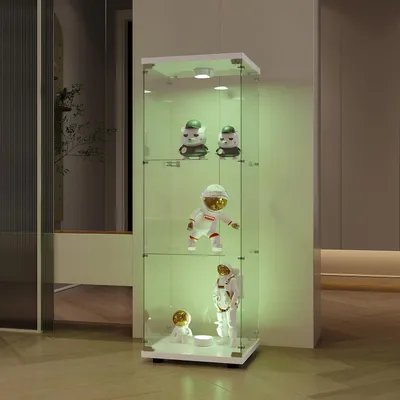 A glass display cabinet with LED lighting, showcasing various collectible figurines.