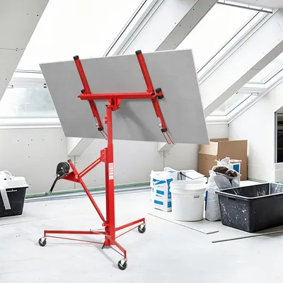 Immagine prodotto di Sollevatore per pannelli di cartongesso Ikodm, realizzato in acciaio Q195, con capacità di carico di 68 kg, altezza regolabile da 126 a 325 cm, dotato di 3 ruote bloccabili, colore rosso