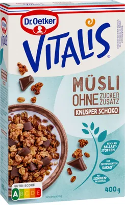 Produktbild von Oetker Vitalis chrumkavé müsli bez pridaného cukru v čokoládovom balení 400g