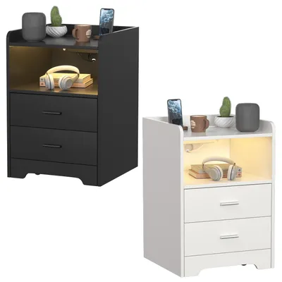 Produktbild von ISOISL Nachttisch mit RGB-LED und Bluetooth-App, 2 Schubladen, offenem Fach, 2 Steckdosen, USB und USB-C, 4 Rollen, 30 kg, Weiß