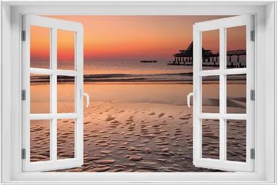 Produktbild von Wallario Wandbild mit Fenster-Illusion: Strand am Abend - Seebrücke am Ostseebad Heringsdorf, Größe: 61 x 91,5 cm, Poster mit weißem Aluminiumrahmen