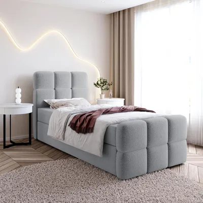 Produktbild von Einzelbett SELA MINI mit Bettkasten, Boxspringbett mit Bonellfederkern-Matratze und Bouclé-Stoff (100x200, Grau - Fredo 35, ohne topper)