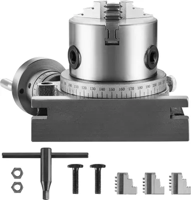A precision milling indexing tool with a 3-jaw chuck and a graduated dial, along with its accessories, displayed on a white background.