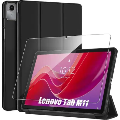 Image de Coque + Verre Trempé pour Lenovo Tab M11, Protection Slim Antichoc avec Fonction Support - Noir