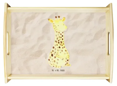 Produktbild von Mr. & Mrs. Panda Tablett Giraffe Zufrieden - Sandig - Geschenk, sofatablett, Glück, Abenteuer, holz, Afrika, Frühstückstablett, Serviertablett, Holztablett