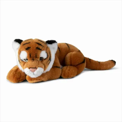 A plush toy tiger lying down on a white background.