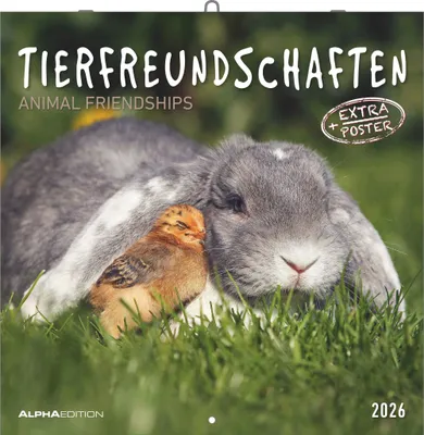 A close-up of a rabbit and a chick resting in grass, with text overlay indicating it's a calendar.