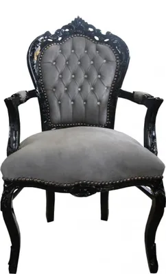 Produktbild von Casa Padrino Barock Esszimmer Stuhl Grau / Schwarz mit Armlehnen und Bling Bling Glitzersteinen - Limited Edition