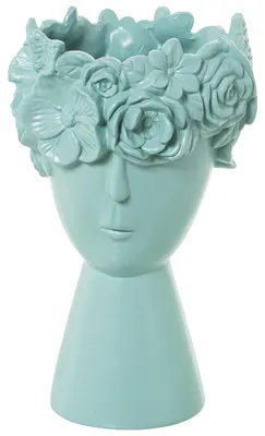 Keramikvase mit Gesicht und Blumen, matt aquamarin, 28 cm hoch