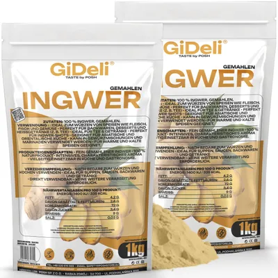 Immagine prodotto di Polvere di zenzero, 2 kg. Zenzero macinato, prodotto naturale, ideale per tè, frullati e bevande vegane. Marca: GiDeli