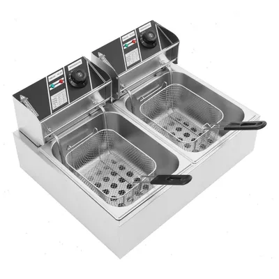 Zdjęcie produktu dla Frytkownica z koszem – elektryczna frytkownica stołowa z dwoma komorami – 2 x 6 l (12 l) – 2 x 2,5 kW, 220–240 V – temperatura 60–200°C – stal nierdzewna w kolorze srebrnym