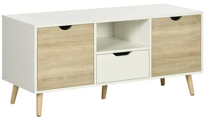 Immagine prodotto di Mobile TV Fino a 55" 110x40x50 cm con Cassetti Ripiani Aperti e Armadietti in Truciolato Bianco e Colore Legno