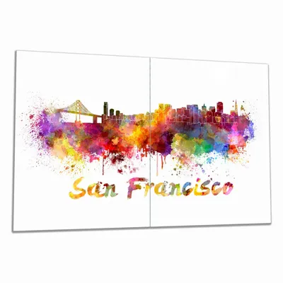 Produktbild von Wallario Herdabdeckplatte aus Glas, Größe 80 x 52 cm 2-teilig, Motiv Städte als Aquarell - Skyline von San Francisco