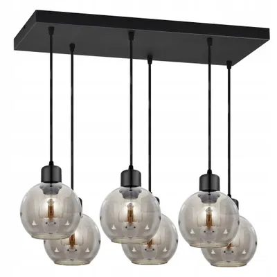 A black rectangular ceiling plate with six hanging pendant lights with clear glass globes and black fixtures.