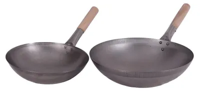 Produktbild von WOK SET, 33RB-35RB, Wok 33 cm Ø runder Boden +  Wok 35 cm Ø runder Boden mit Holzgriff Kohlenstoffstahl