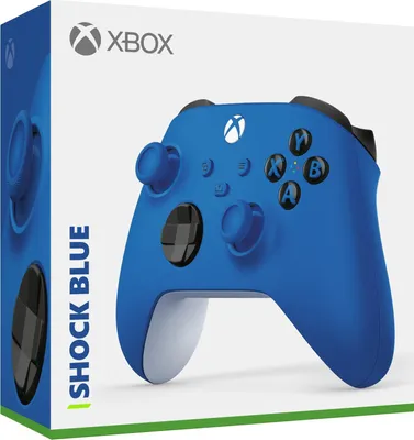 A blue Xbox controller is shown on its packaging.