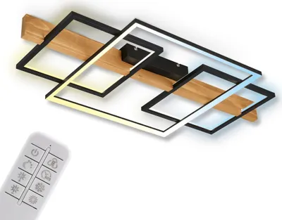 A modern LED ceiling lamp with a wooden accent and a remote control.