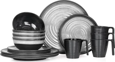 Produktbild von Melamin Camping Geschirr Set 4 Personen Stone Grey + 4 Tassen Stone Kaffetassen Becher Tafelgeschirr Picknick BBQ Kochgeschirr