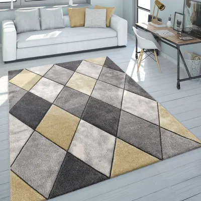 Produktbild von Teppich Wohnzimmer Kurzflor Skandinavischer Stil Rauten Grau Gelb Modern Grösse 60x110 cm