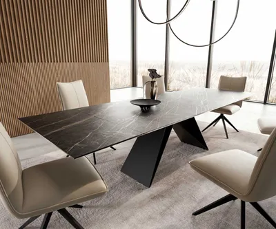 Produktbild von DELIFE Esstisch Edge 200-300x100 Keramik Laminam®Noir Desir Braun V-Gestell Flachstahl Schwarz ausziehbar