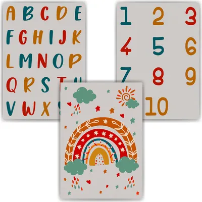 Produktbild von Alphabet & Zahlen Kinderposter 3er Set Lernposter ABC | Kinderzimmer Wandbilder Kindergarten Grundschule Lernhilfe für Kinder – DIN A4 (21x29.7cm)