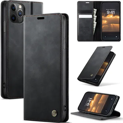 Obrázek produktu pro Kožené pouzdro pro iPhone 11 Pro, RFID ochranou, magnetickým zavíráním, přihrádkami na karty a funkcí stojánku Černý