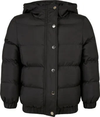 A black hooded puffer jacket shown front-on against a white background.