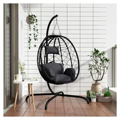 Produktbild von Hängesessel mit Kissen - Schwarz, Anthrazit, PE-Rattan, 106x103x195 cm