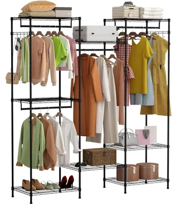 Immagine prodotto di Portaabiti da terra - Appendiabiti a scaffale - 4 aste, 8 ripiani - Regolabile e resistente - In ferro - Portatile, ideale per la camera da letto - Nero